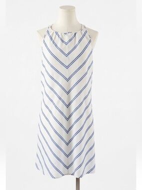 J. Crew Factory Chevron Dress, White & Blue, Cotton & Linen,  C3881, Size 2